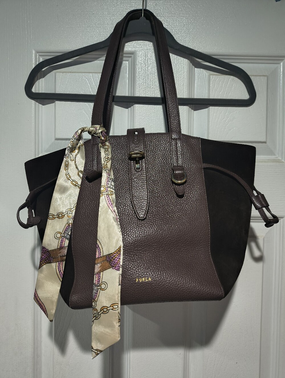 Furla Net M Mixed Media Grained Leather & Suede Tote Bag - Coffee Brown